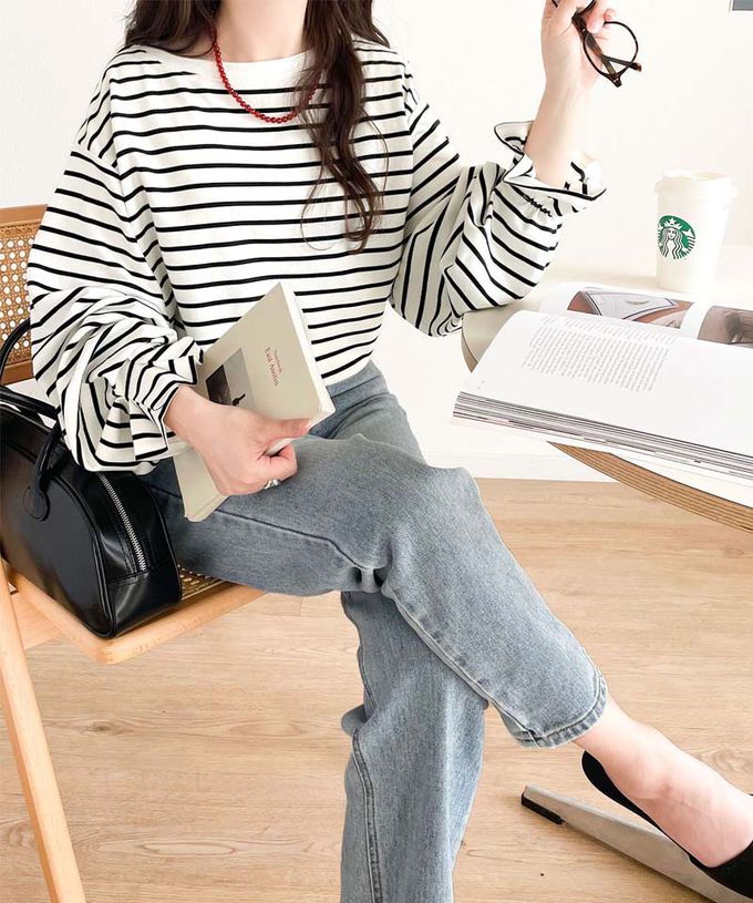 日本 Classical Elf - 100%棉 船領顯瘦糖果袖上衣-淺卡其