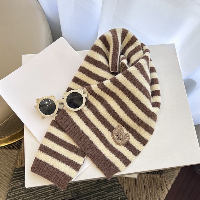 Love, Charlotte - 咖啡色條紋熊針織圍巾-兒童圍巾