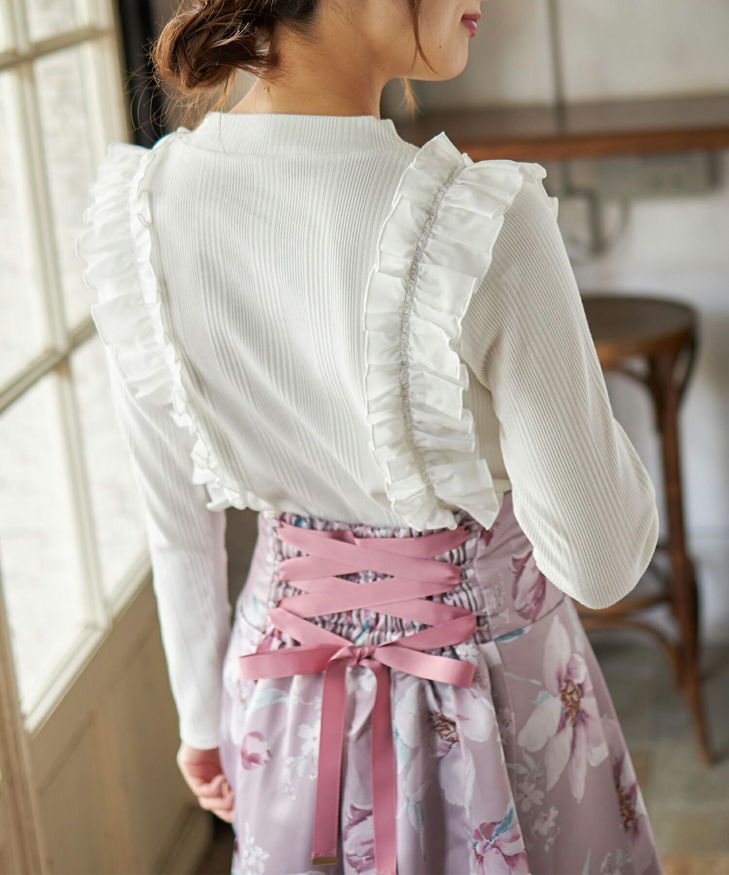 日本 tocco-closet - 奢華荷葉邊羅紋針織上衣-星塵粉