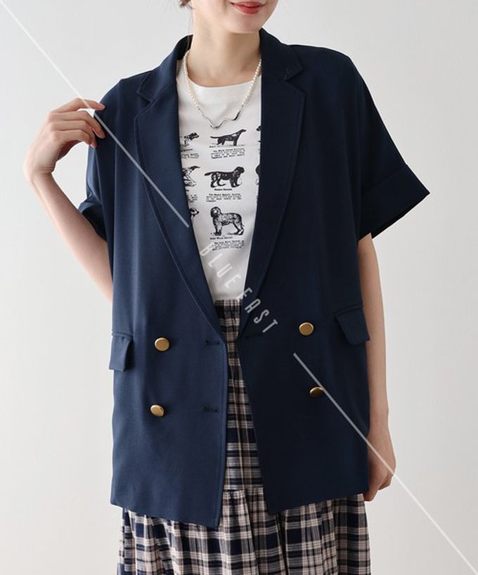 日本 BLUE EAST - 亞麻感氣質金釦短袖西裝外套-象牙白