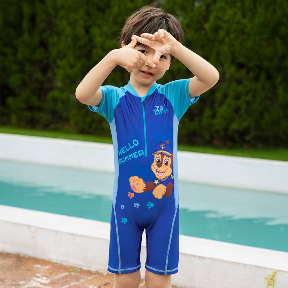 短袖連身泳裝-卡通人物阿奇-撞色藍