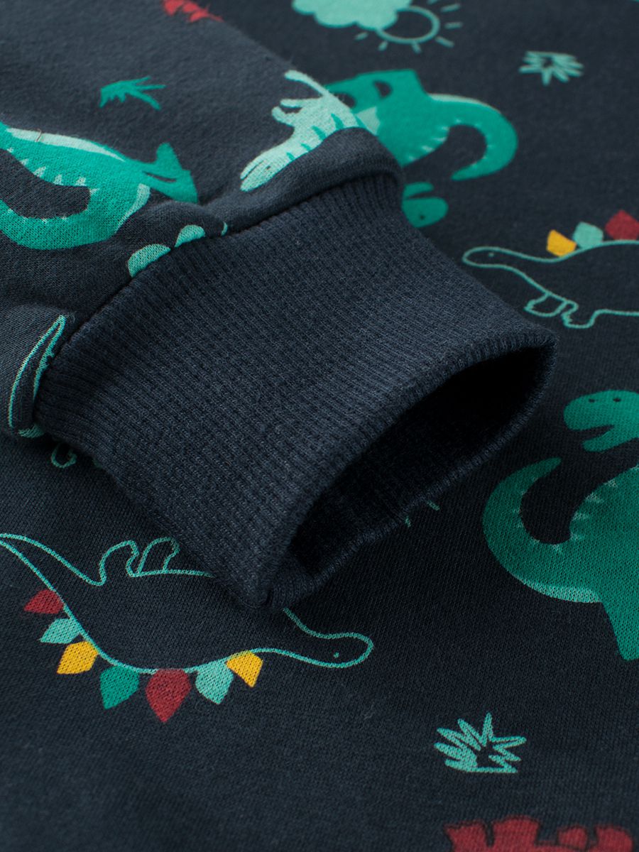 加絨棉質圓領長袖上衣/大學T-滿滿恐龍-深藍色