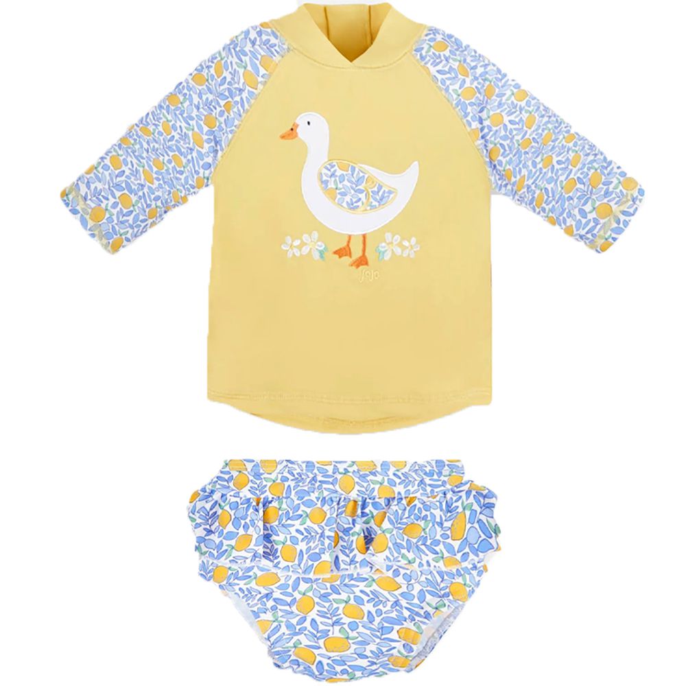 英國 JoJo Maman BeBe - 嬰幼兒/兒童兩件式防曬泳裝-夏日檸檬鴨