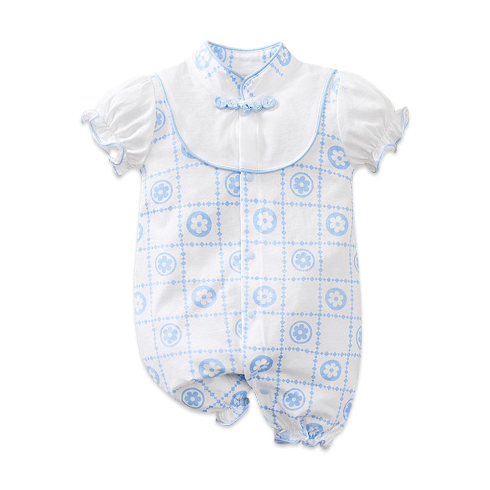 JoyNa - 棉質短袖包屁衣 短袖嬰兒服-淺藍花格