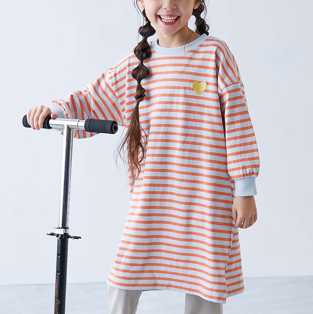 活力愛心條紋百搭長袖洋裝-水藍x橘