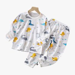 WarmNest - 純棉網眼透氣長袖家居服套裝-恐龍樂園-白色