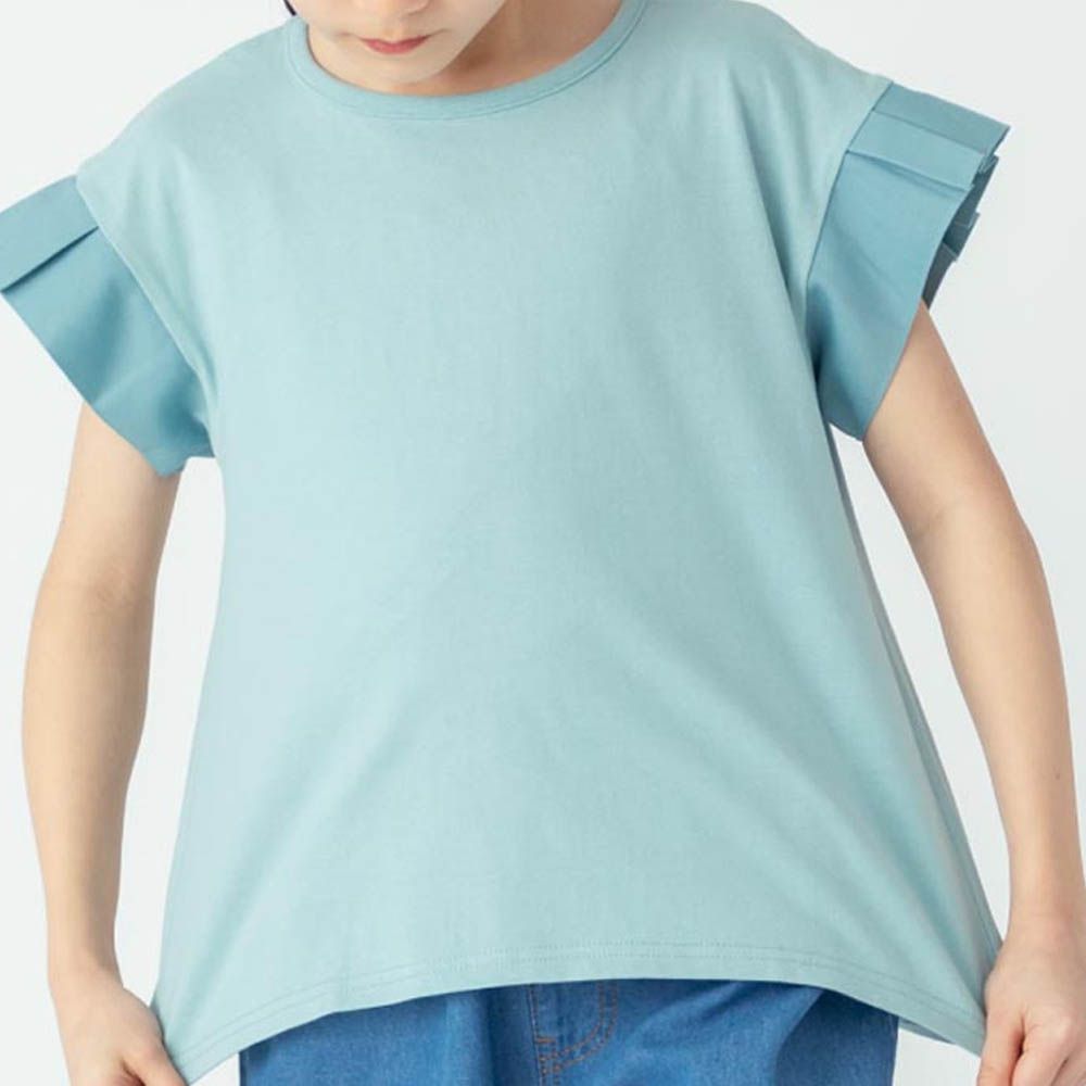 背後優雅摺邊袖上衣-藍綠