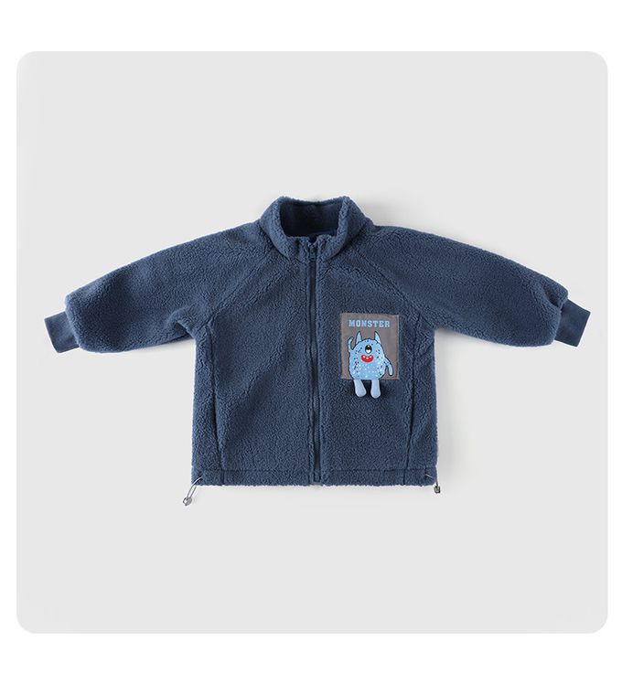 保暖立領羊羔絨外套-小怪物-深藍灰色