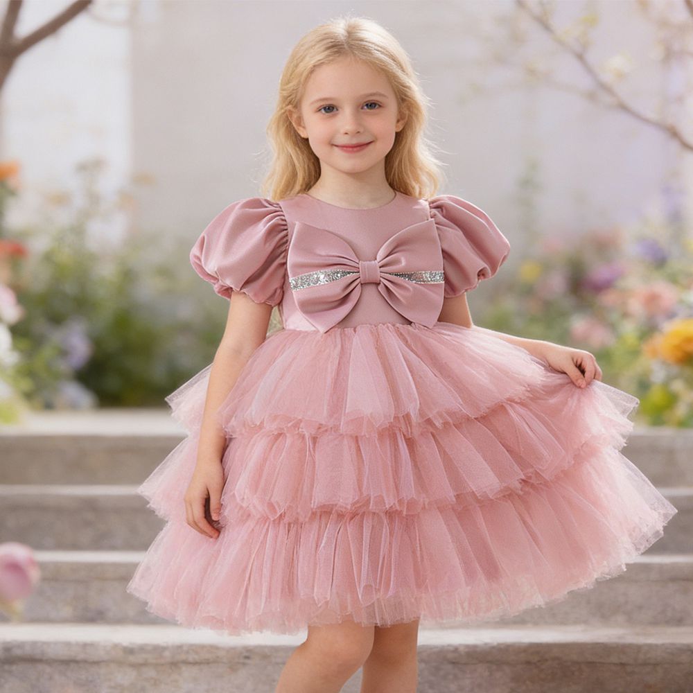 晶鑽蝴蝶結層次蛋糕裙擺澎袖禮服-粉色