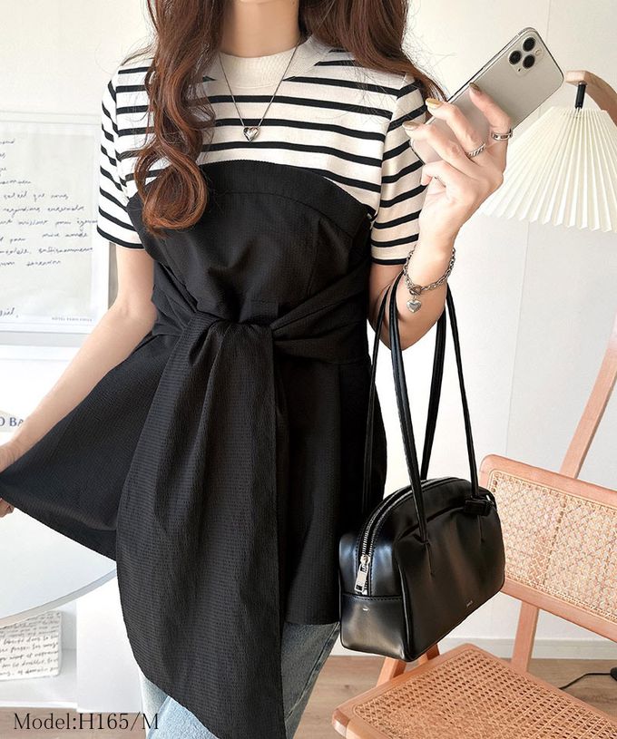 日本 Classical Elf - 時尚顯瘦綁帶拼接風短袖上衣-白x淺灰