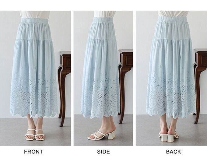 日本 BLUE EAST - 甜美雕花蕾絲下擺鬆緊長裙-水藍