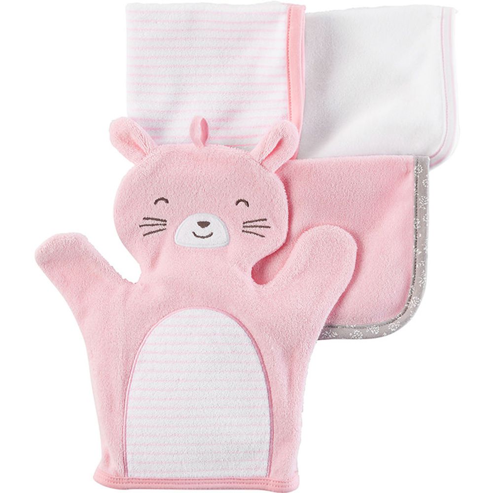 美國 Carter's - 嬰幼兒動物款式洗澡巾+洗澡手套四入組-小兔子