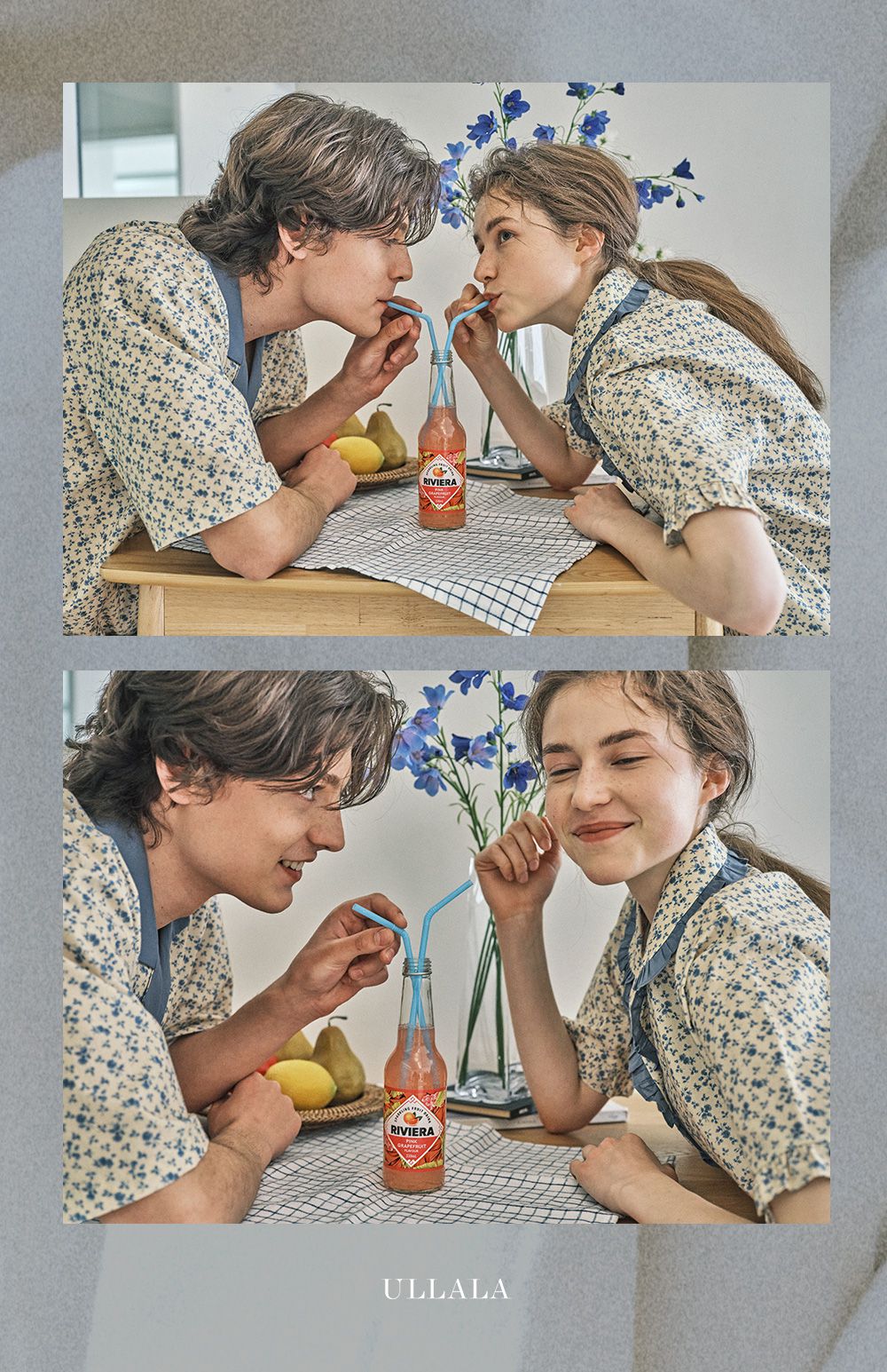 韓國 ULLALA - 玫瑰印花短袖睡衣(兩件式)-藍玫瑰 (FREE)