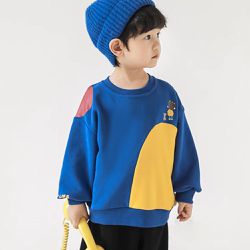 TONGMO - 休閒圓領長袖上衣/大學T(加絨)-小男孩-拼色藍
