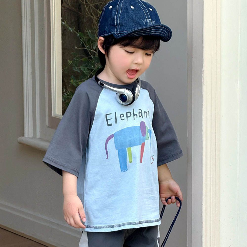 涼感吸濕透氣圓領短袖上衣-可愛小象-拼色藍