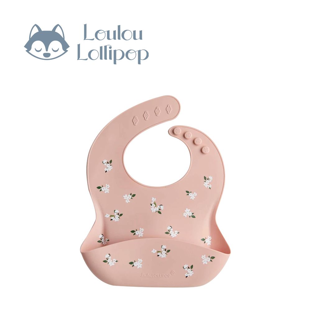 寬口袋立體矽膠圍兜-浪漫小白花