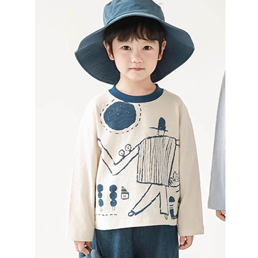 純棉竹節紋圓領落肩長袖上衣-藝術塗鴉-米色