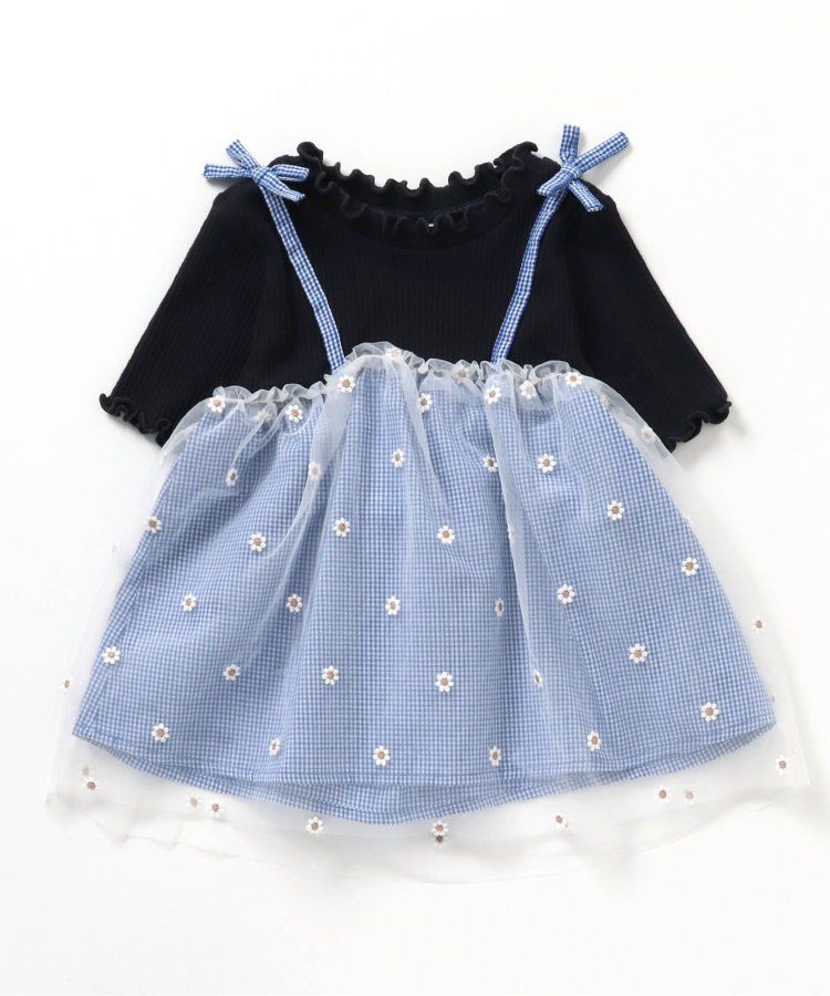 日本 apres les cours - 花朵刺繡拼接夢幻短袖上衣-嫩綠x黑