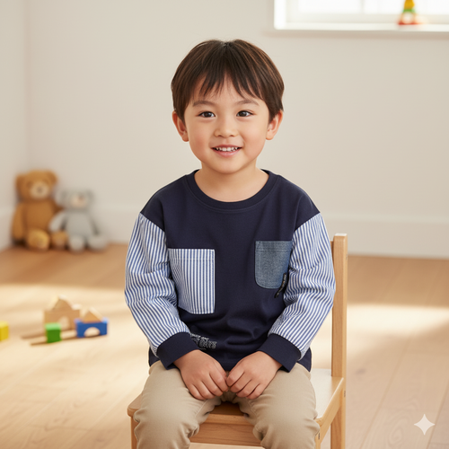 akachan honpo - T恤-平織布拼接-深藍色