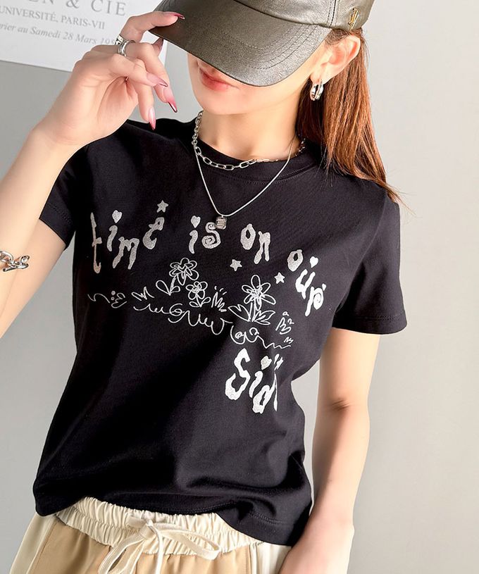 日本 Classical Elf - mily bilet 燙銀俏麗印花短袖上衣-咖啡