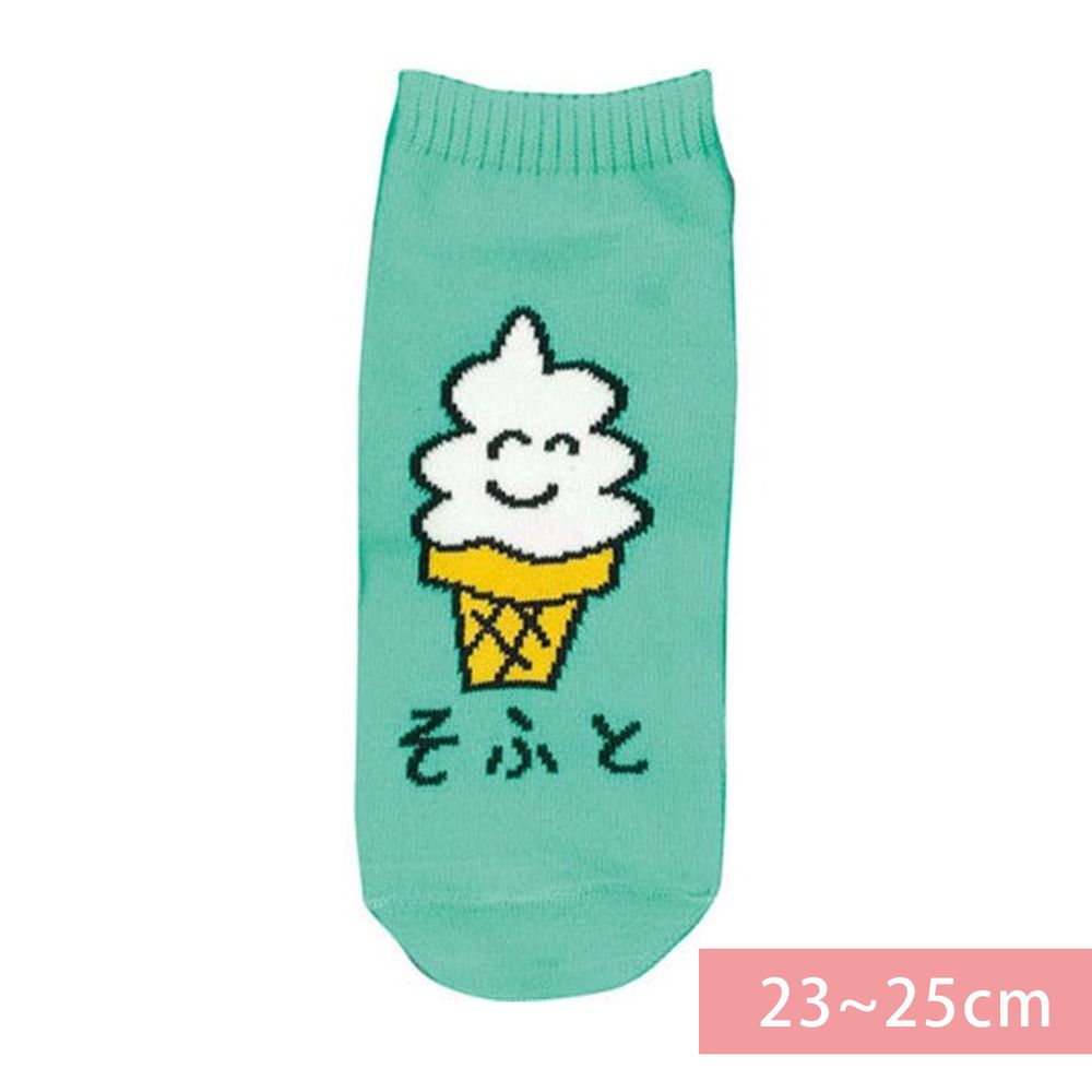 日本 OKUTANI - 童趣日文插畫短襪-霜淇淋-綠 (23-25cm)