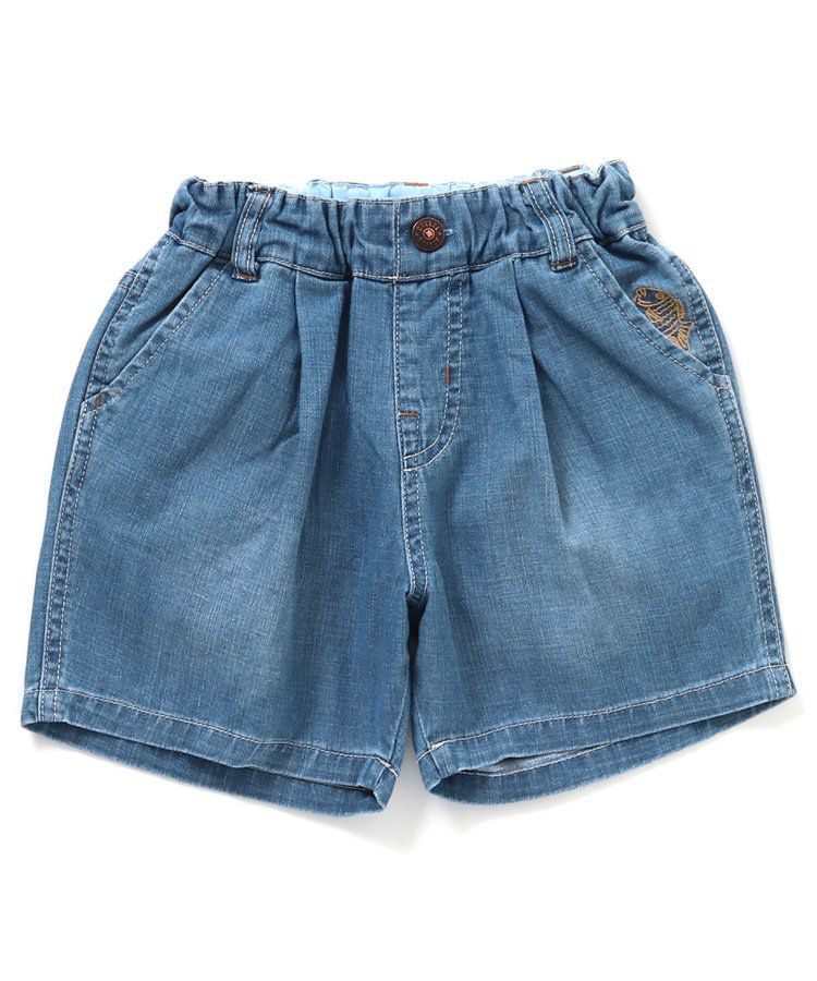 日本 BREEZE - 夏日祭典逗趣刺繡手巾牛仔短褲-幽默師匠-淺藍