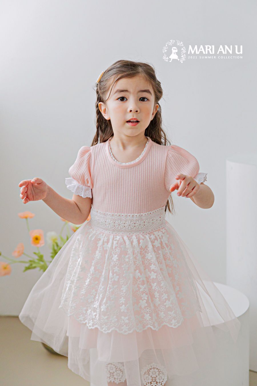 韓國 mari an u - 蕾絲層次紗裙洋裝-粉紅