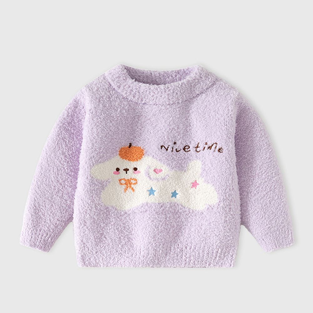 珊瑚絨針織長袖上衣-可愛小狗-紫色