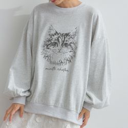 日本 Lupilien - 線條貓咪印花裏毛長袖上衣-淺灰