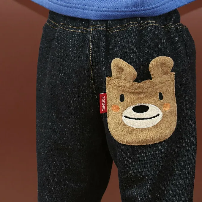 日本 ZOOLAND - 熊熊救援隊 警車標籤舒適牛仔長褲-熊貓口袋-海軍藍