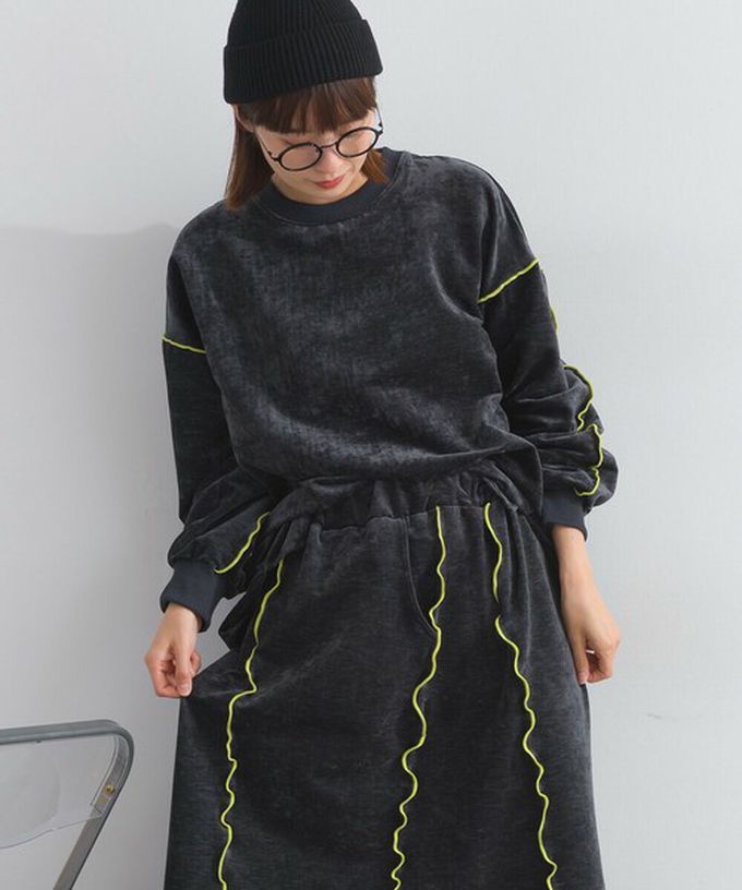 日本 Lupilien - 木耳縫線休閒絨面長袖上衣-海軍藍