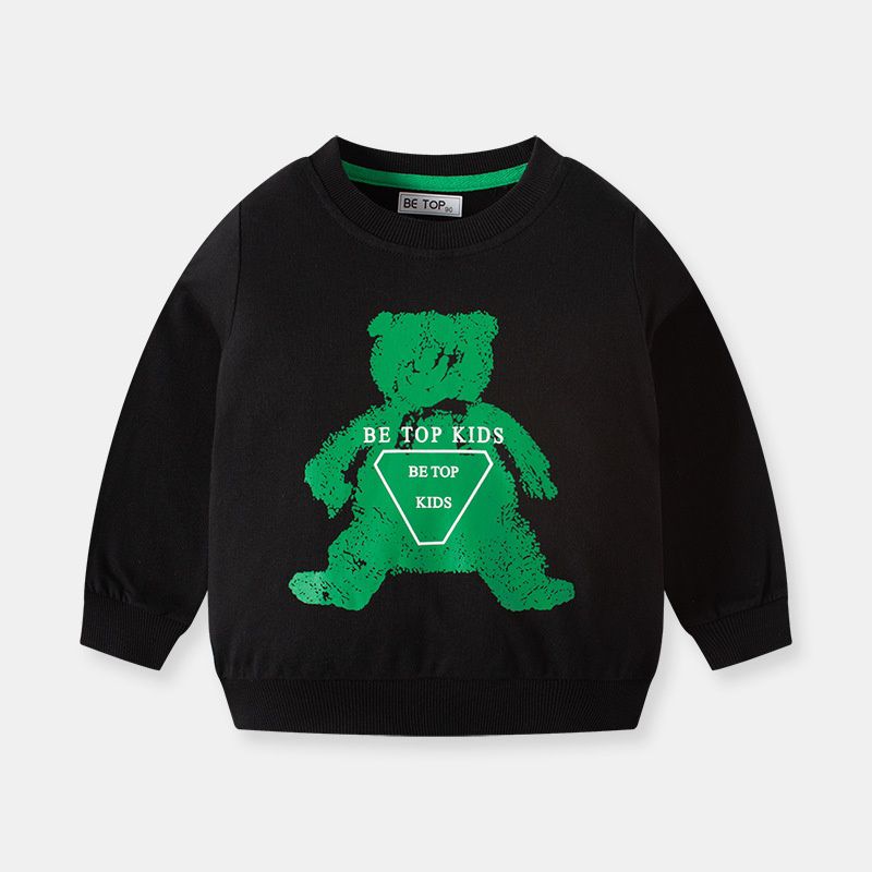 純棉圓領長袖上衣/大學T-綠色熊熊-黑色