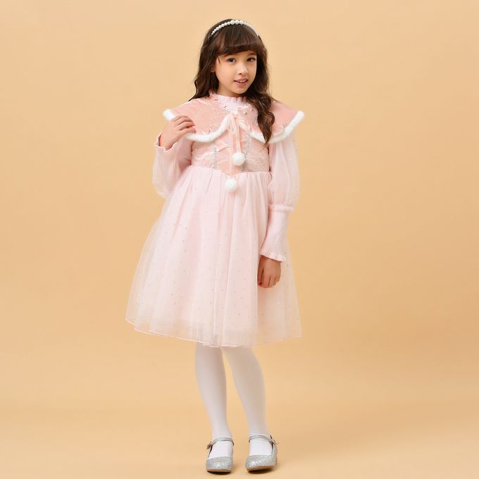 love, charlotte - 冬季毛絨領披肩公主長袖洋裝-洋裝+毛絨小領子+珍珠髮箍-粉紅色