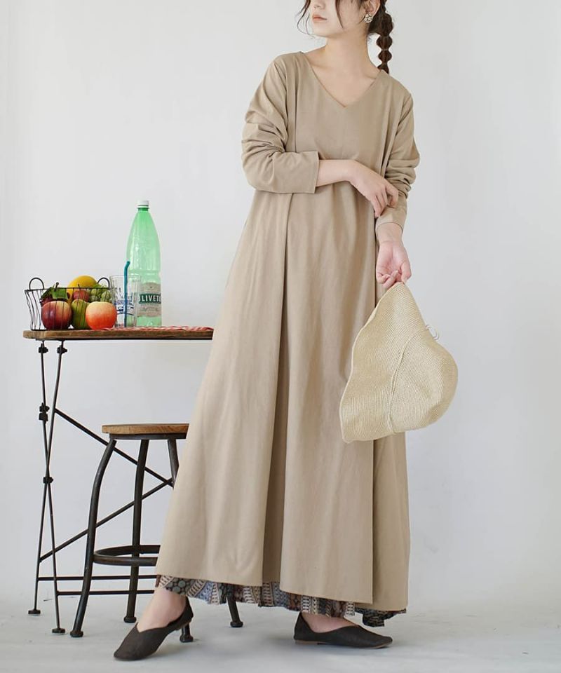 日本 zootie - 抗透汗 純棉修身長袖洋裝-V領-咖啡