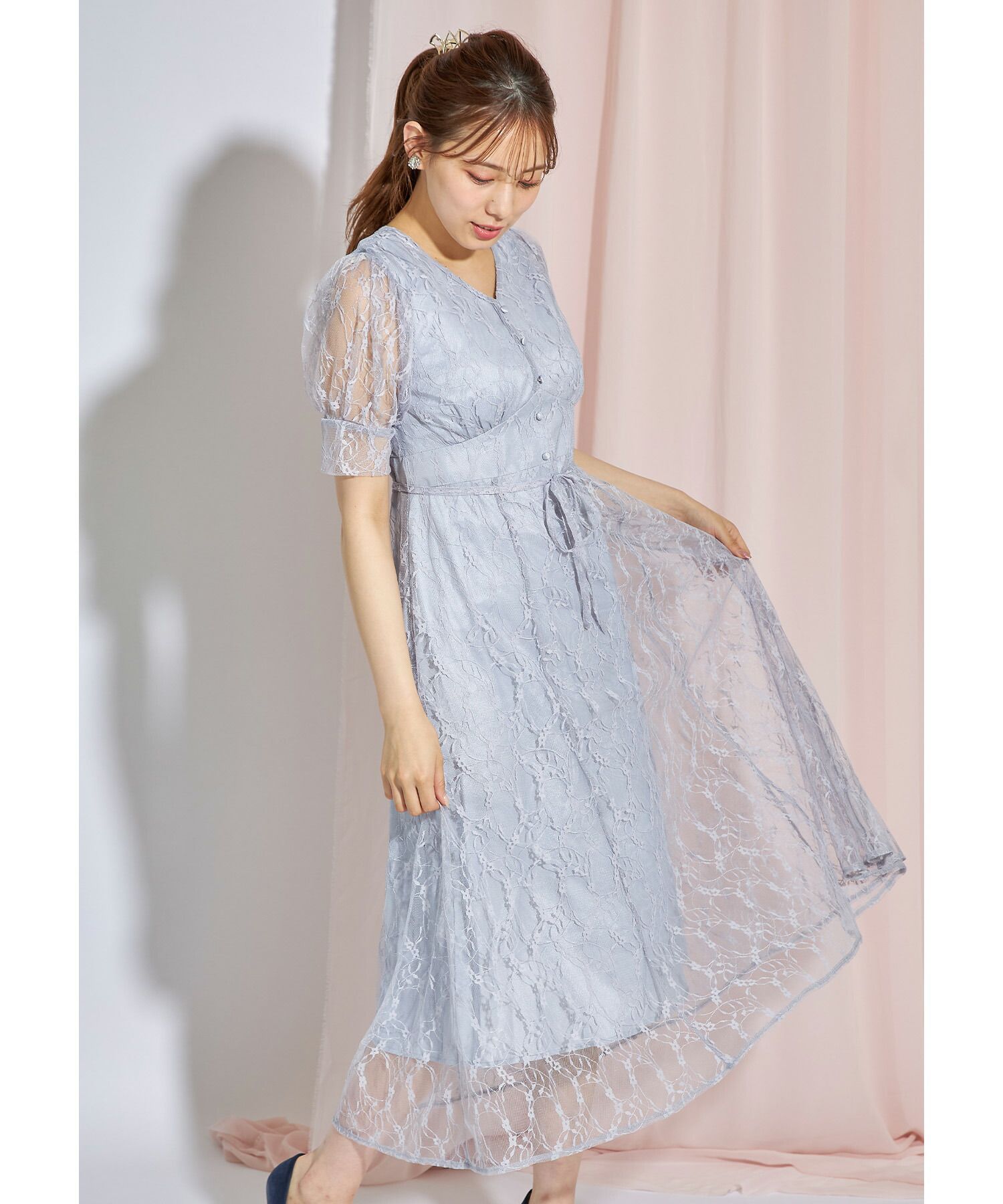 日本 tocco-closet - 優雅V領蕾絲縮腰洋裝-磚橘