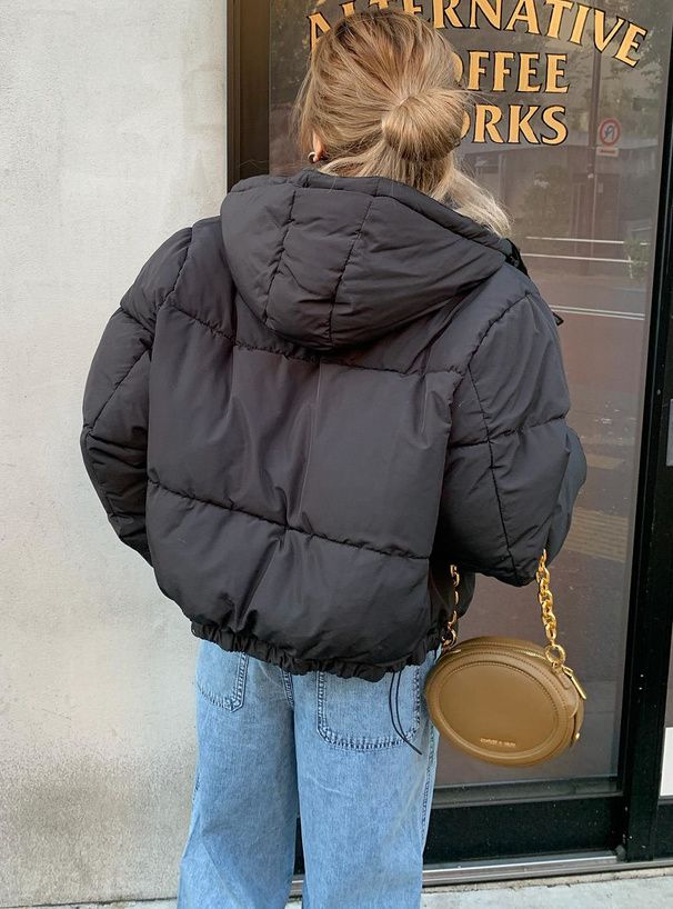 日本 GRL - 短版寬鬆羽絨連帽外套-黑 (F)