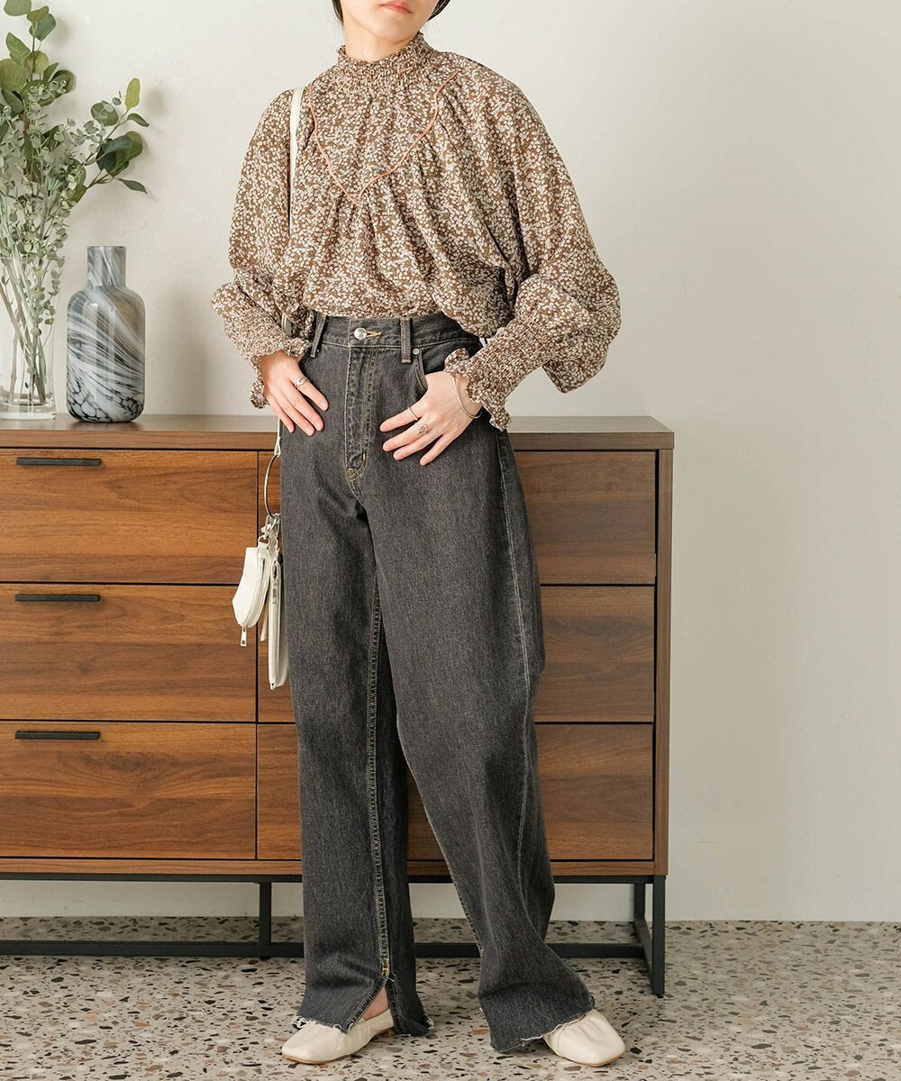 日本 Bab - 歐風碎花澎澎袖上衣-深可可