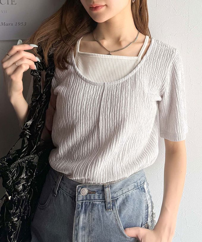 日本 Classical Elf - 前後2way優雅紋理短袖上衣-象牙白