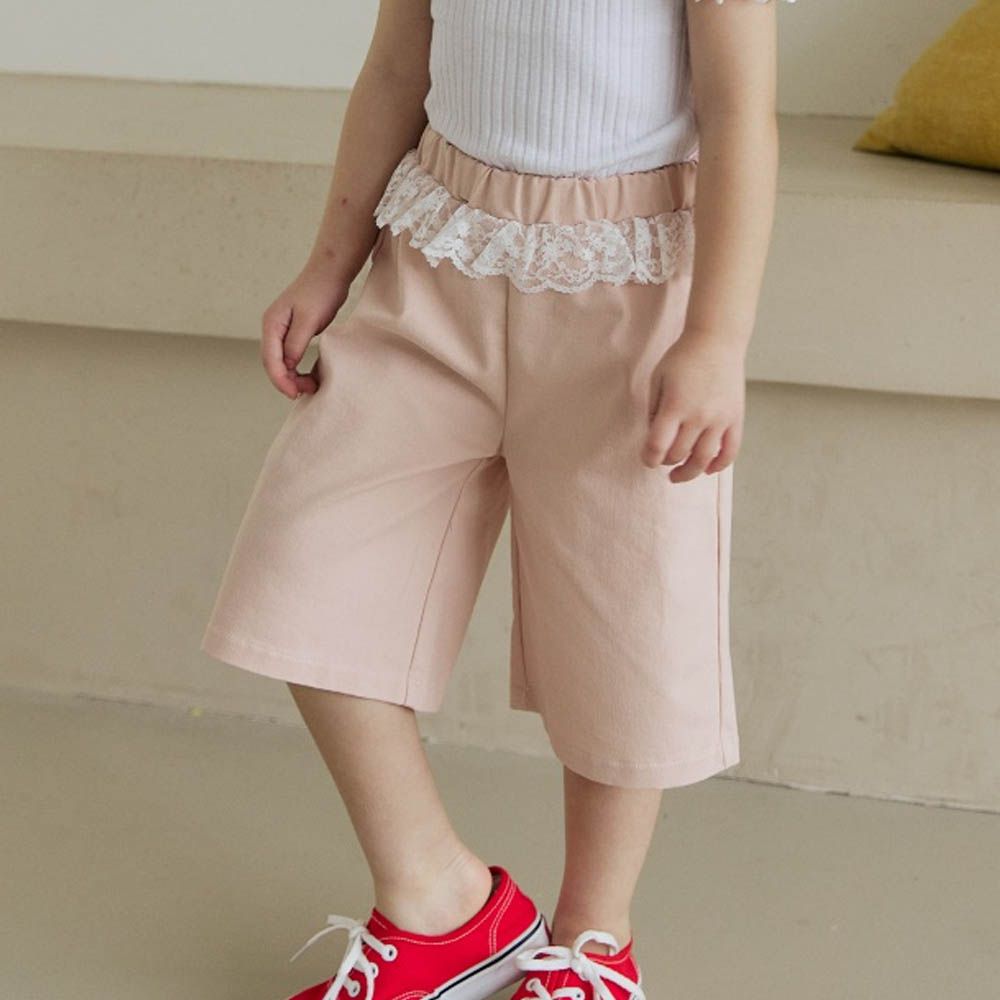 鬆緊腰蕾絲點綴過膝褲-淺粉