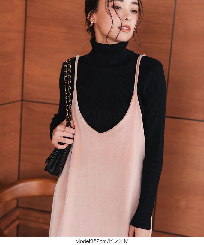 日本 Kobe Lettuce - 華麗絨面V領寬鬆感吊帶洋裝-海軍藍