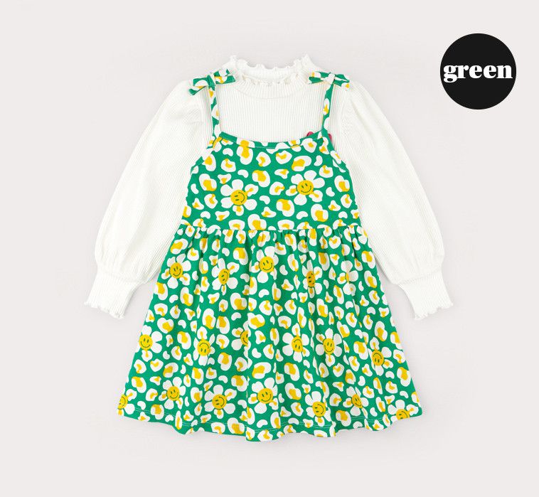 韓國 HEJMINI - 滿版微笑花花吊帶裙(不含上衣)-綠