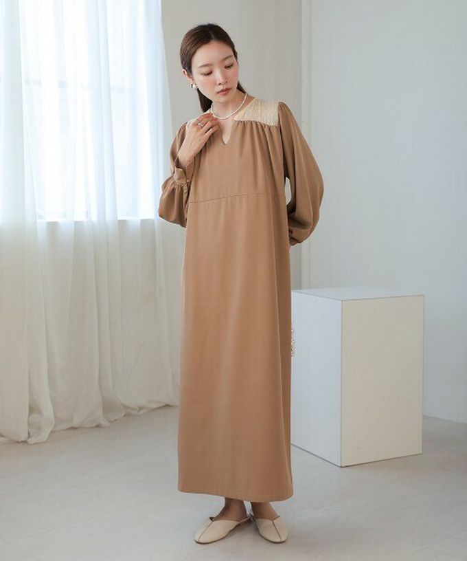 日本 Bab - 優雅蕾絲拼接背綁帶長袖洋裝-黑