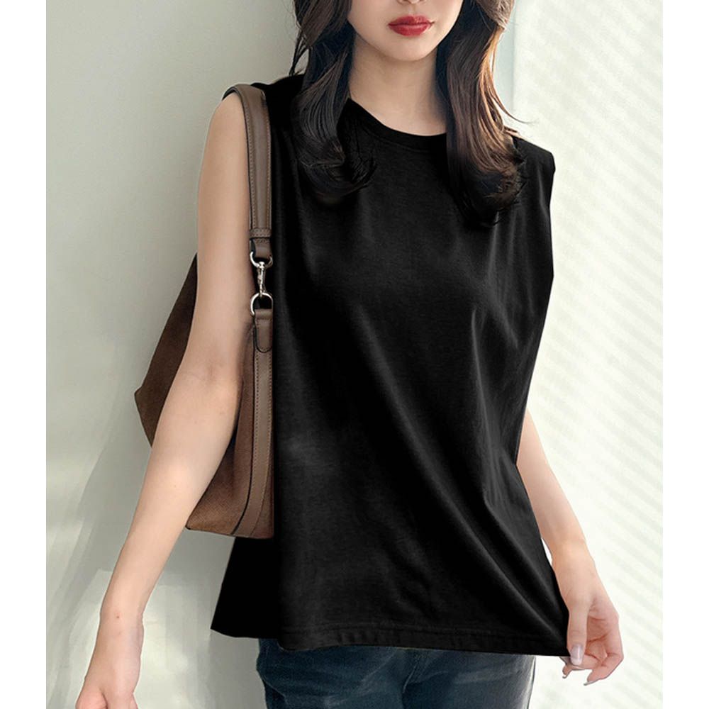 輕盈俐落感素色無袖上衣-黑 (F)