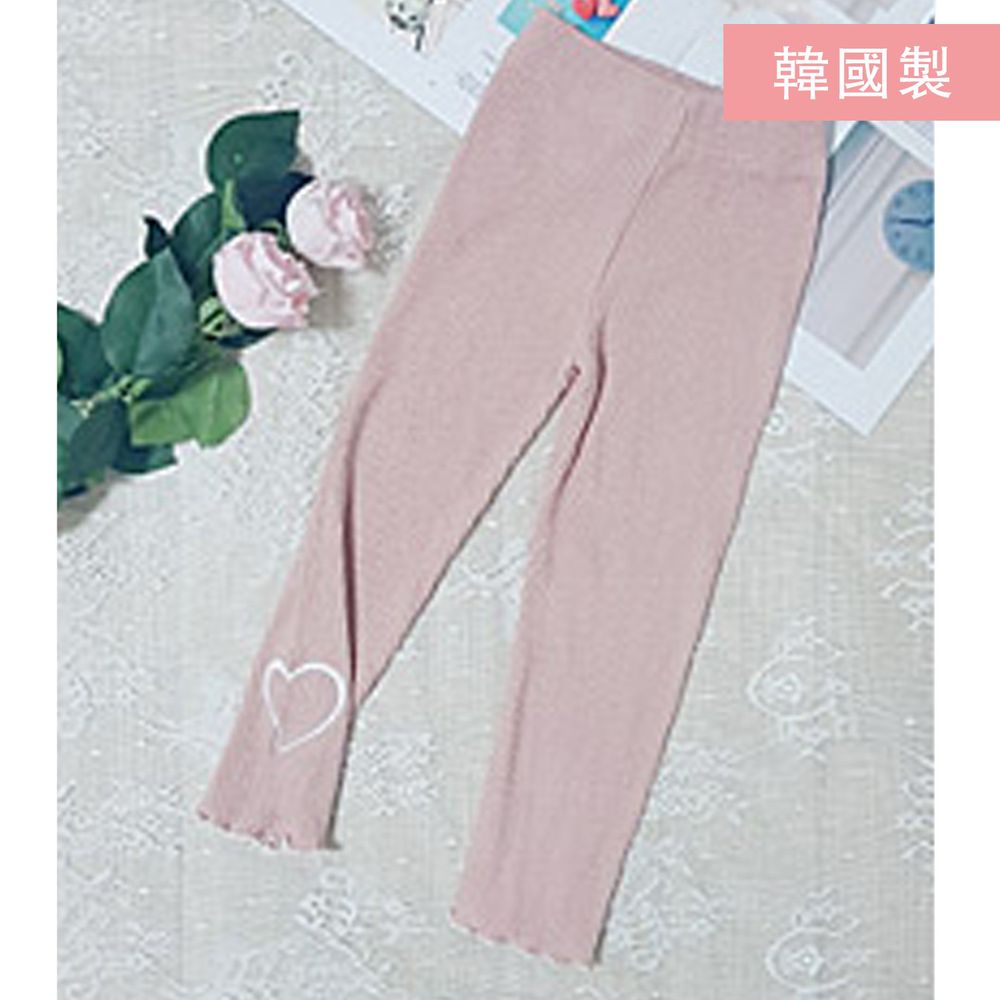 韓國製 - 刺繡愛心螺紋純棉9分內搭褲-淺粉