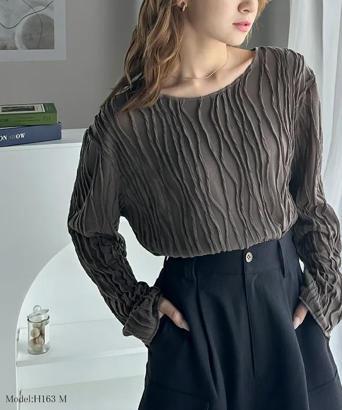 日本 Classical Elf - 圓領波紋透感長袖上衣-深灰藍