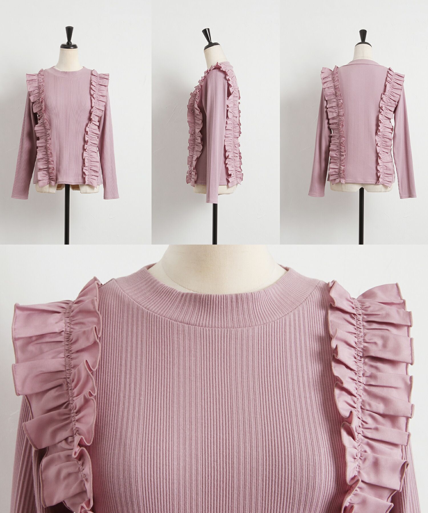 日本 tocco-closet - 奢華荷葉邊羅紋針織上衣-星塵粉