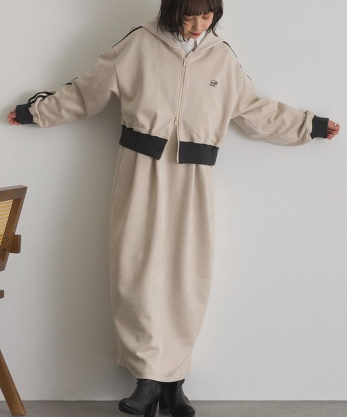 日本 ELENCARE DUE - 麂皮俐落雙拉鍊短版連帽外套-象牙x黑邊