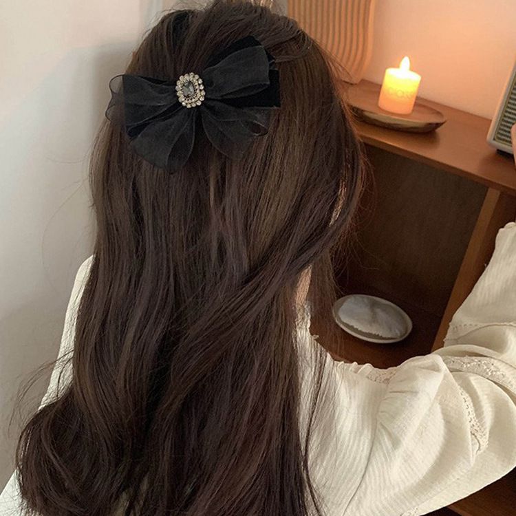 網紗水鑽蝴蝶結髮夾-方形水鑽-黑色