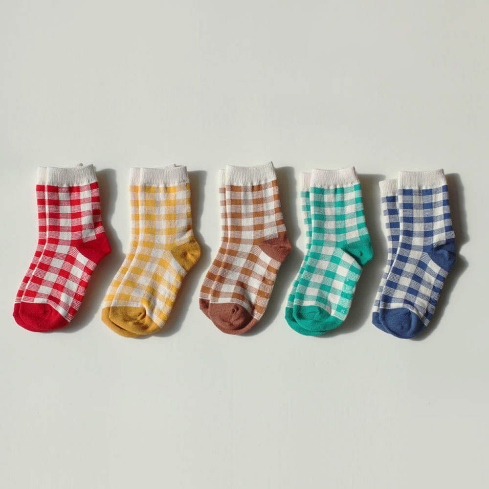 (五入組)韓製兒童中筒襪-彩色格紋