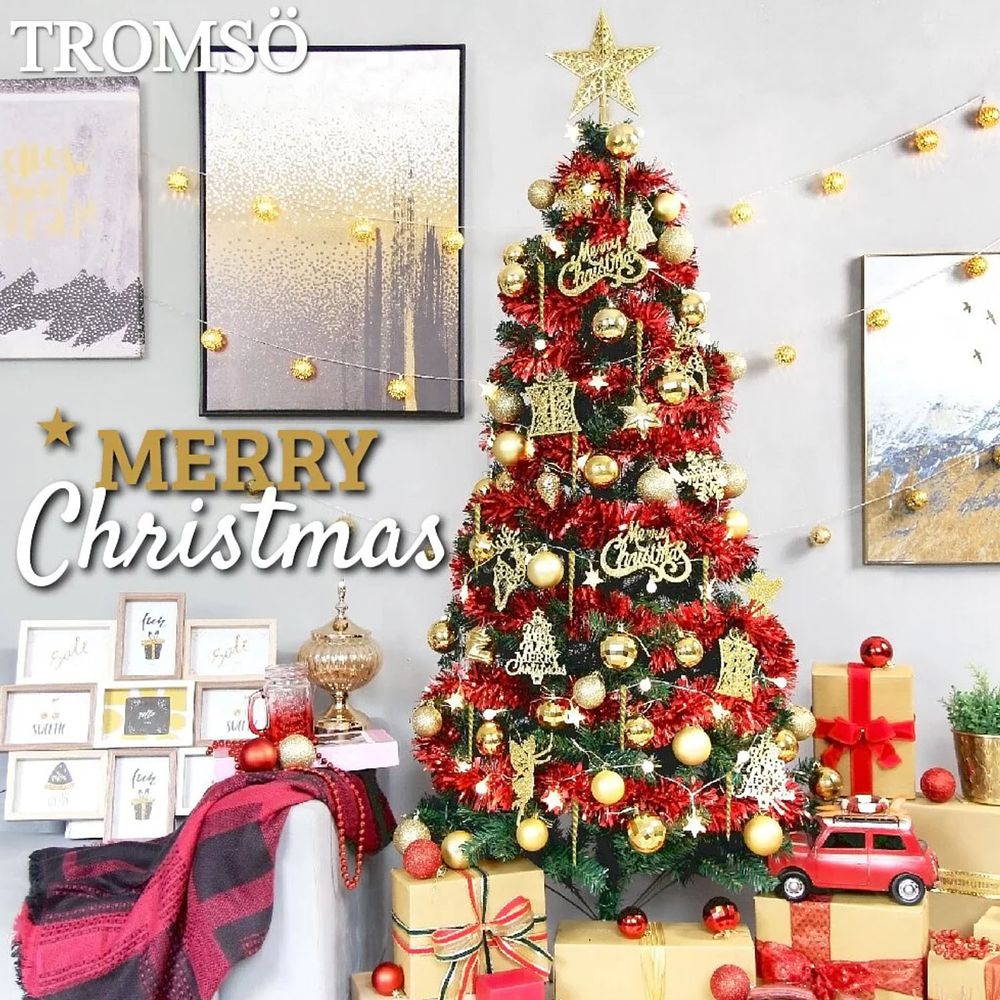 TROMSO - 2021北歐絕美聖誕樹/含豪華豐盛耶誕掛飾配件及附LED省電造型燈串-丹麥典藏金紅 (總長約180cmx樹圍直徑約75cm)-總重量2kg